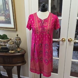 Lapogee Pink Gold Print Dress Short Sleeve Tassel Tie Neckline FullyLined  S NEW